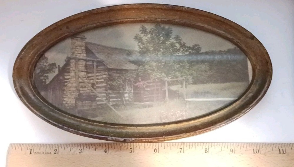 Vintage 1950s Early American Cabin Print Oval Wood Frame Rustic Wall Art