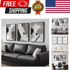 Large Framed Black and White Gray Abstract Wall Art, Set of 3 Piece Modern Ca…