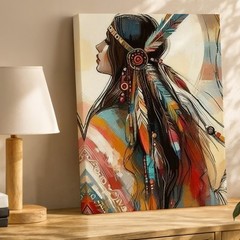 Native American Woman Feather Headdress Colorful Abstract Canvas Wall Art Print