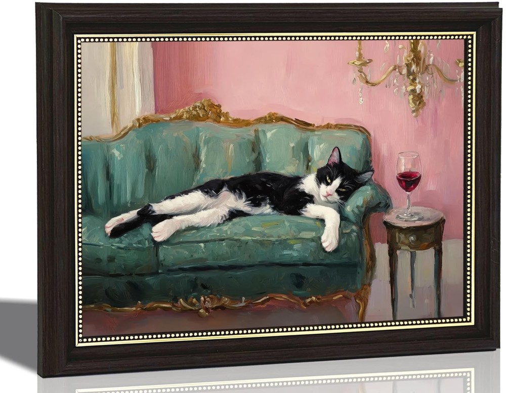 Dark Brown Framed Tuxedo Cat With Red Wine Canvas Wall Art Quirky Whimsical A…