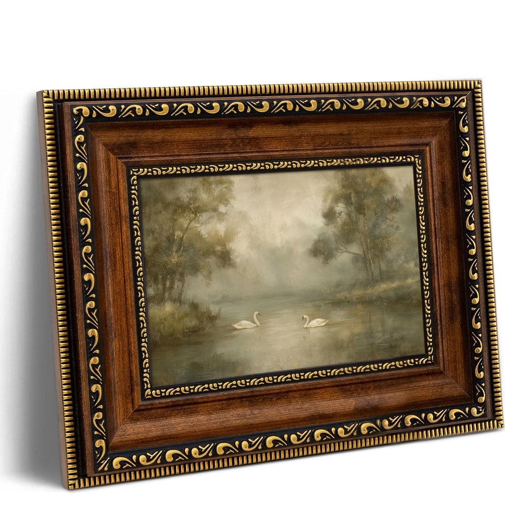 Vintage Framed Landscape Canvas Wall Art Romantic White Swan Wall Decor Retro…