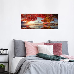 Mount Fuji Canvas Print – Sunrise Landscape with Red Maple Leaves 20×48 Inch