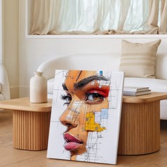 Abstract Modern Female Portrait Canvas Art With Geometric Shapes And Sketch