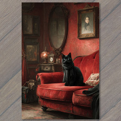 Art Print Black Cat Red Velvet Sofa Gothic Parlor Dark Elegant Mood