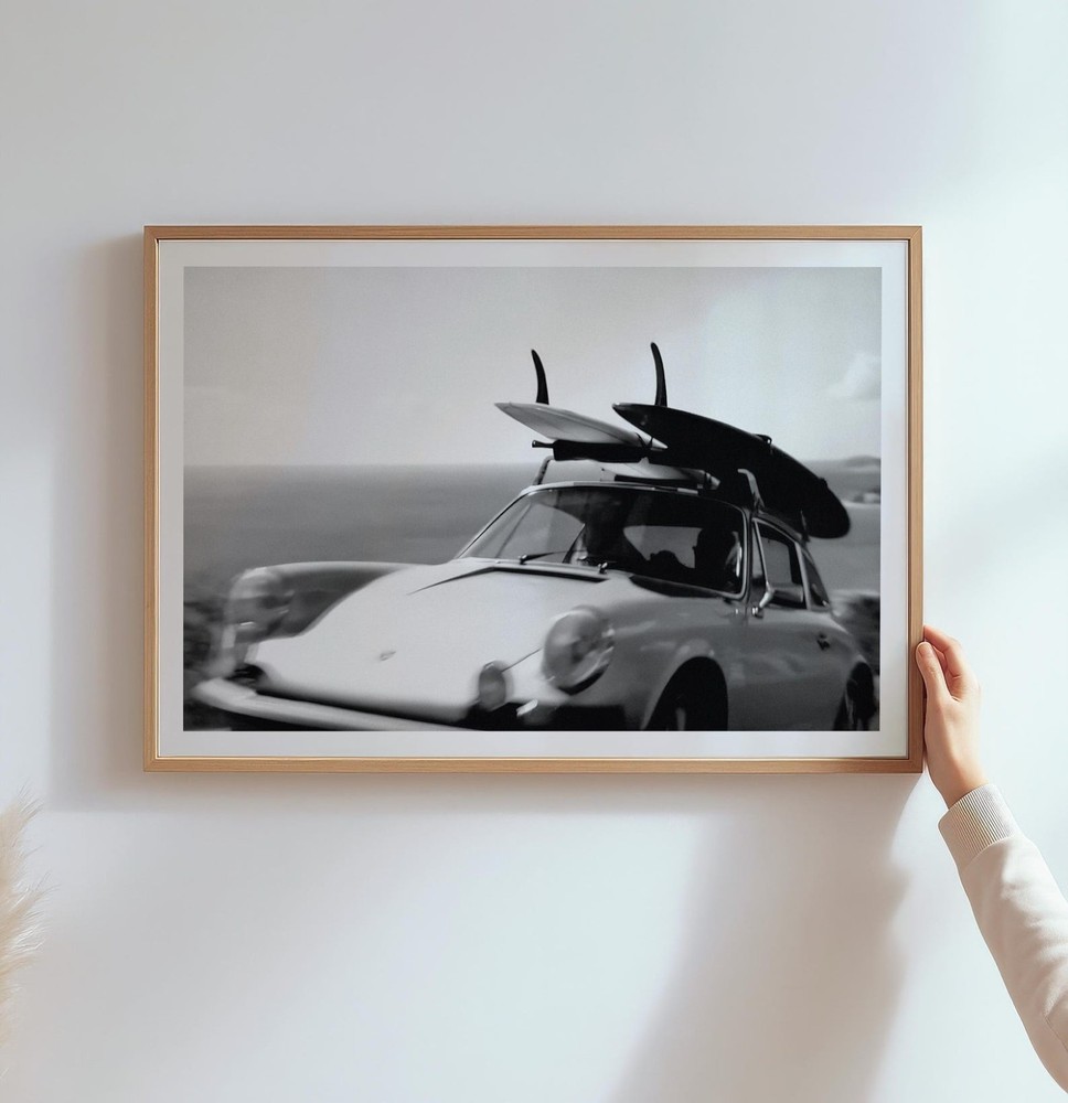 Vintage Surf Car Coastal Drive Black and White Retro Wall Art Print