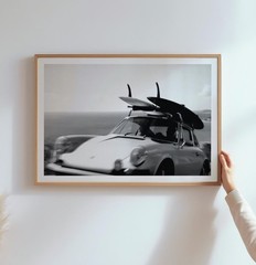 Vintage Surf Car Coastal Drive Black and White Retro Wall Art Print