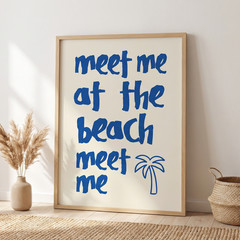 Meet Me At The Beach Poster Blue Typography Palm Tree Coastal Wall Art Decor