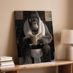 Funny Gorilla Reading Book Bathroom Humor Canvas Wall Art Modern Animal Home