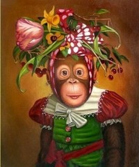 ZW09 Handmade Painted Stretched Canvas Frame Monkey Flower On Head Oil Painting