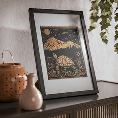 Vintage TURTLE MOON FLOWER Wall Art, Tortoise Mountain Botanical Celestial Decor