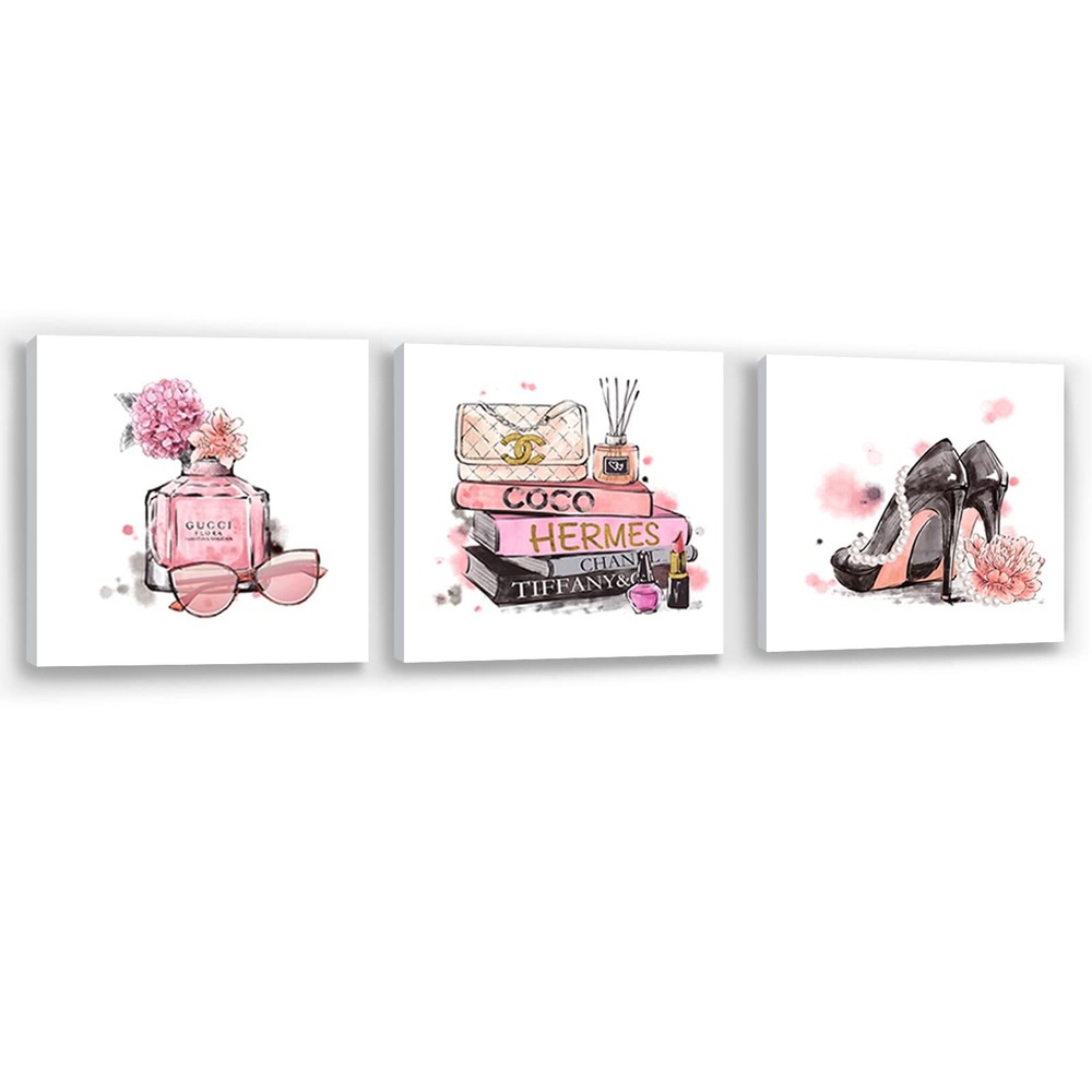 Pink Wall Art Fashion Woman Wall Decor Pictures Perfume High Heels handbag Ar…