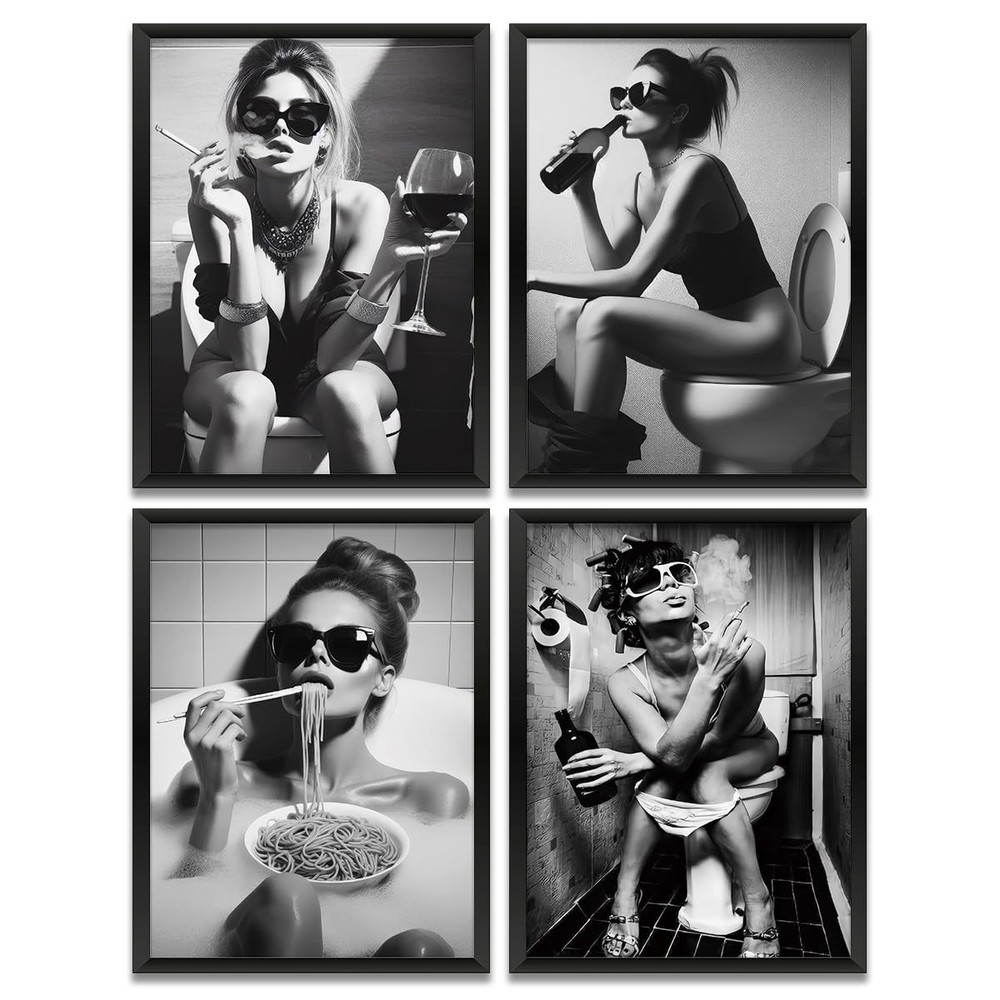 4PCS Funny Bathroom Wall Art Bathroom Decor Bathroom Accessories Black and Wh…