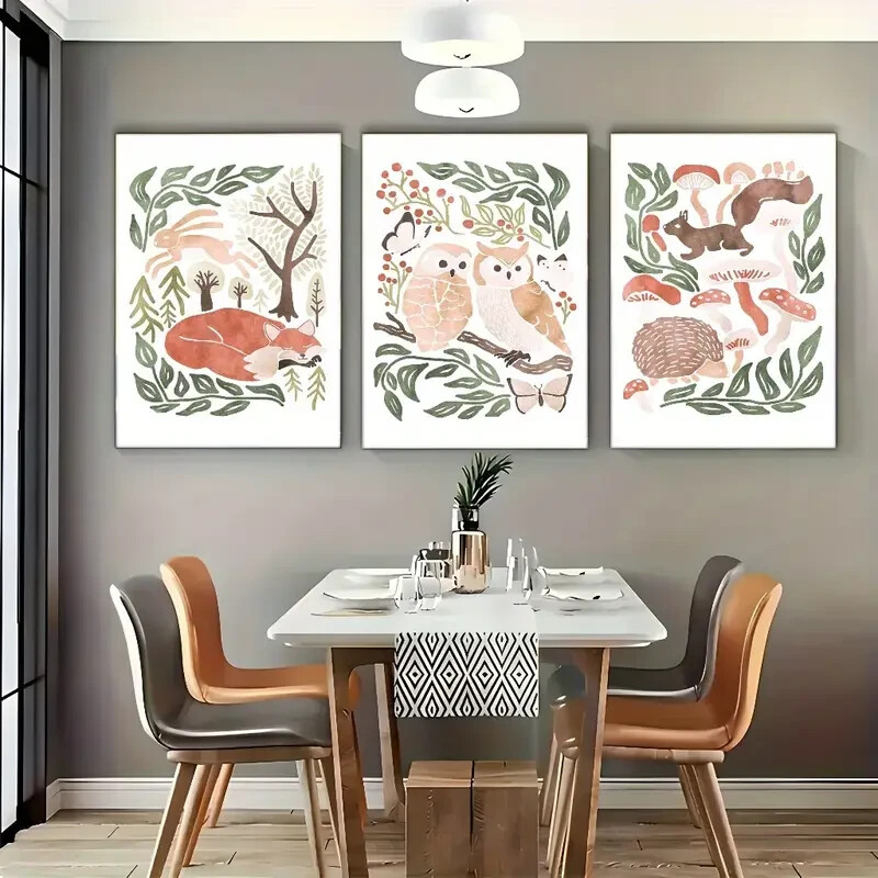 3pcs Cute Woodland Animals Art Dormitory Metal Print Ready to Hang Art