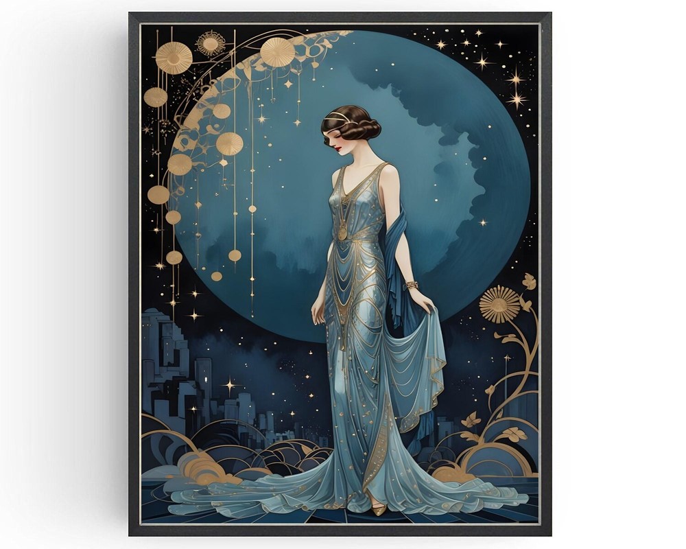 Flapper Girl Art Deco Print 1920s Moon and Stars Vintage Wall Art Poster