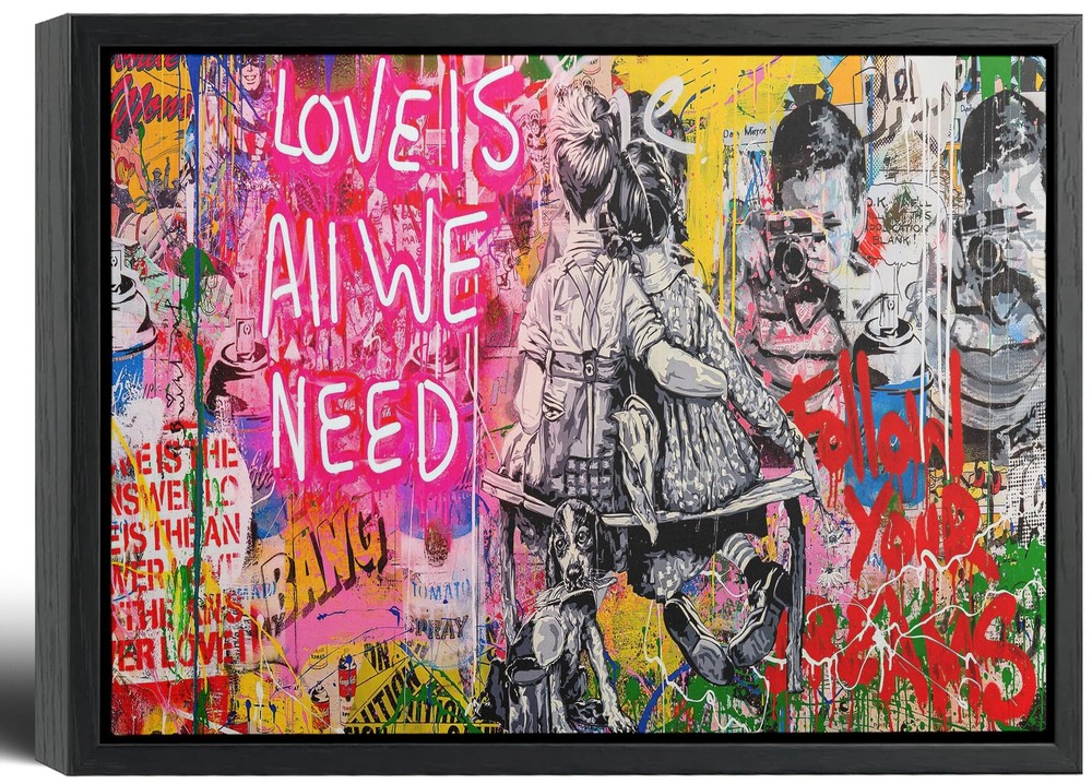 Black Framed Street Graffiti Canvas Wall Art Love Is All We Need Painting Pic…