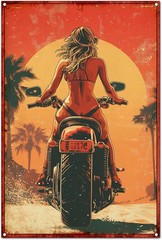 Vintage Tin Metal Sign Wall Art Print Poster Bikini Girl on A Motorcycle 8×12
