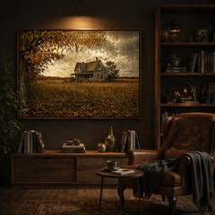 Vintage Abandoned Farmhouse Autumn Canvas Wall Art – Landscape Home Decor Print