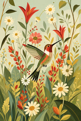Colorful Hummingbird Poster Abstract Floral Art Print Spring Nature Gift for Her