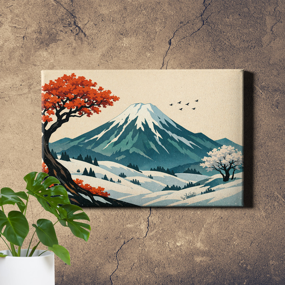 Snowy mountain landscape Art Print with red orange blossom tree
