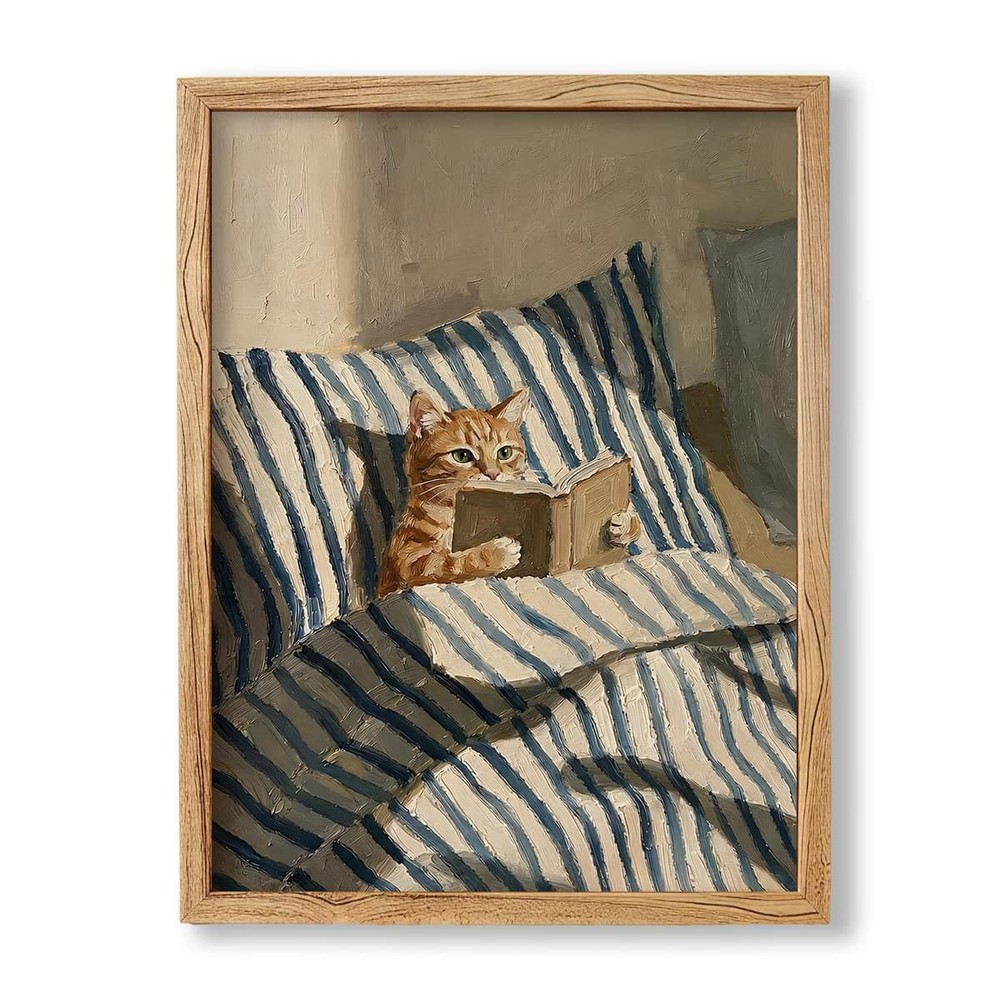 Wooden Framed Canvas Wall Art Cute Animal Book Lover Blue and White Posters P…