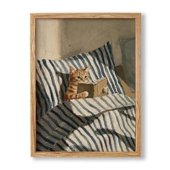 Wooden Framed Canvas Wall Art Cute Animal Book Lover Blue and White Posters P…