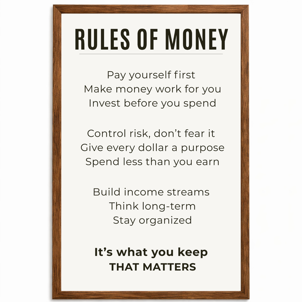 Rules of Money Poster Framed 11×17 Minimalist Motivational Wall Art Print