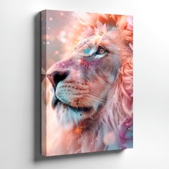 Wall Art Pink Lion Portrait Fantasy Floral Glitter Animal Canvas Print Decor