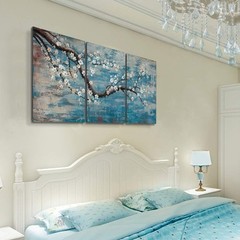 Hand-Painted Plum Blossom Tree Teal Blue Wall Art 48″x24″