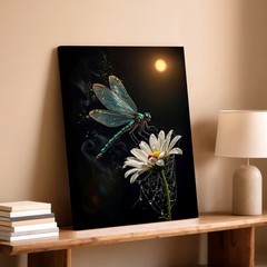 Wall Art Dragonfly on Daisy Flower Moonlight Fantasy Nature Print Home Decor