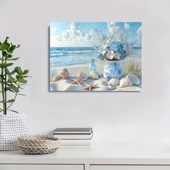 Blue Floral Vase with Seashells & Starfish Ocean Canvas Painting Wall Poster