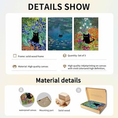 Monet Wall Art Set of 3 – Funny Cat in Water Lilies Canvas Paintings Prints, Gar