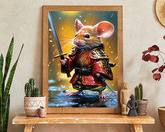 Cute Samurai Mouse Printable Wall Art, Samurai Portrait, Mouse Art, Mouse Decor