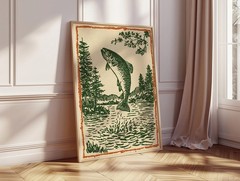 Vintage Trout Linocut Poster Rustic Lake House Fish Wall Art
