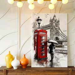 Wall Art London Tower Bridge Red Telephone Booth Rainy Cityscape Print Decor