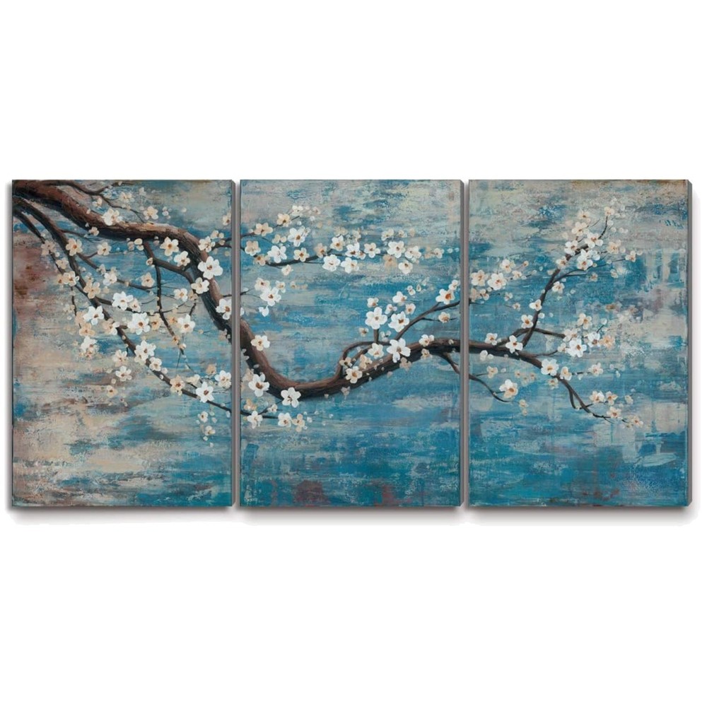 Hand-Painted Plum Blossom Tree Teal Blue Wall Art 48″x24″