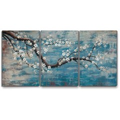 Hand-Painted Plum Blossom Tree Teal Blue Wall Art 48″x24″