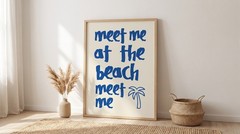 Meet Me At The Beach Poster Blue Typography Palm Tree Coastal Wall Art Decor