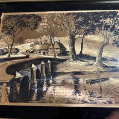 Framed Lionel Barrymore Etched Gold Foil Print Mid-Century Modern 10 1/2 “ VTG