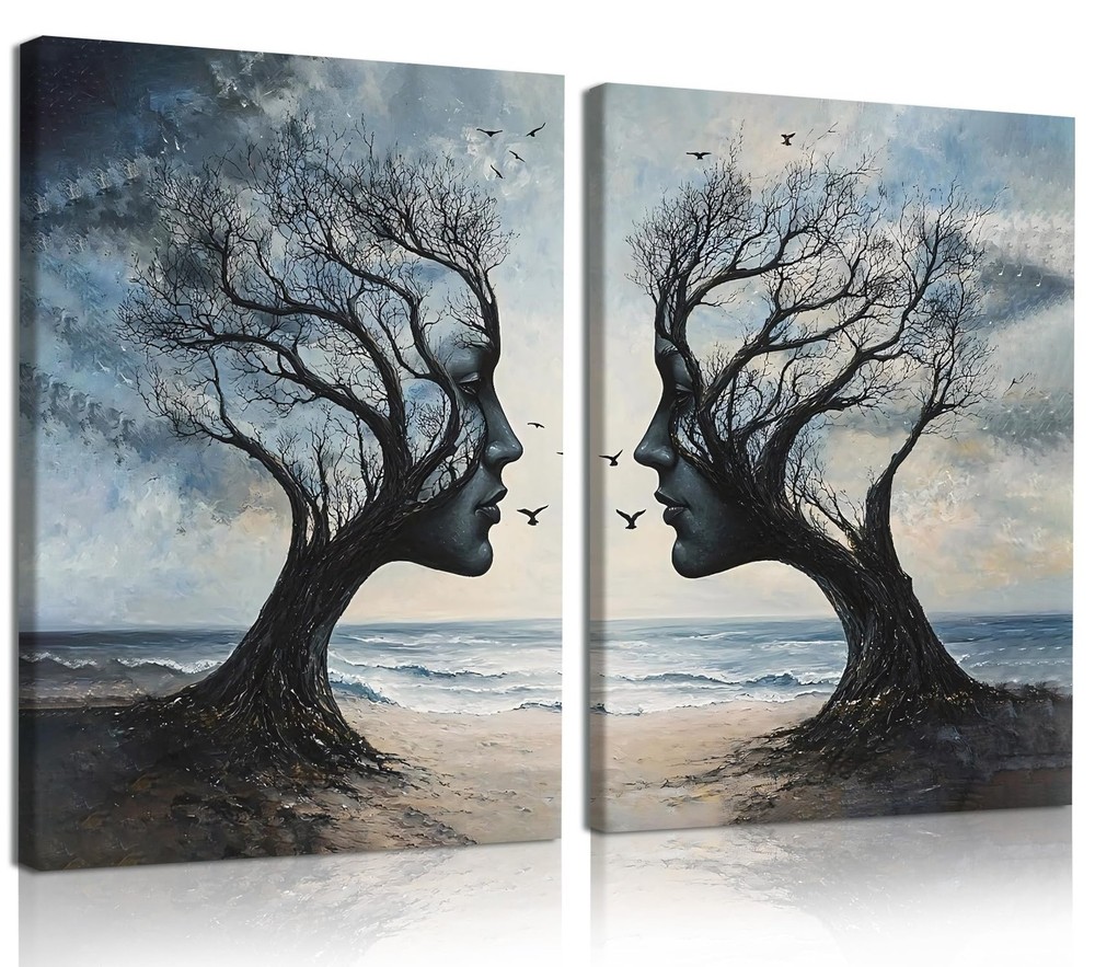 2 pcs Tree of Life Canvas Framed Wall Art Gothic Tree Painting Picture Surrea…