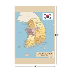 Republic of Korea or South Korea Vintage Political Map with Flag Poster 24×36