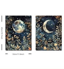 Art Canvas. Set of 2 Celestial Moon and Flowers. Two Phases of the Moon