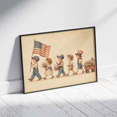 Patriotic 4th of July Kids Parade Poster Vintage American Flag Wall Art Print