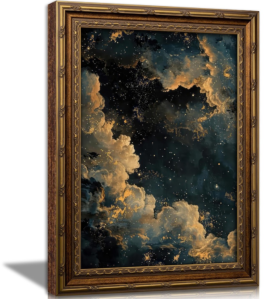 Vintage Gold Framed Moody Celestial Canvas Wall Art Cloud Abstract Night Sky …