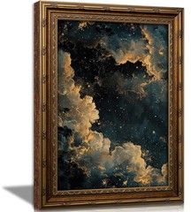 Vintage Gold Framed Moody Celestial Canvas Wall Art Cloud Abstract Night Sky …