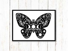 Butterfly Art Print | Stars Sun And Moon Print. Black And White Print. Beautiful