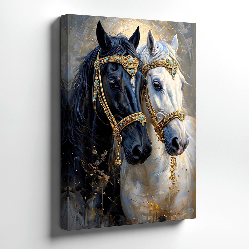 Wall Art Black and White Horses Canvas Print Gold Bridle Animal Decor 16×24