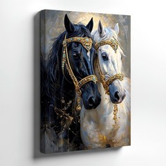 Wall Art Black and White Horses Canvas Print Gold Bridle Animal Decor 16×24