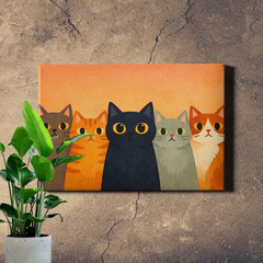 Whimsical Group of Six Cats Portrait Framed Canvas Wall Art 18x12inch