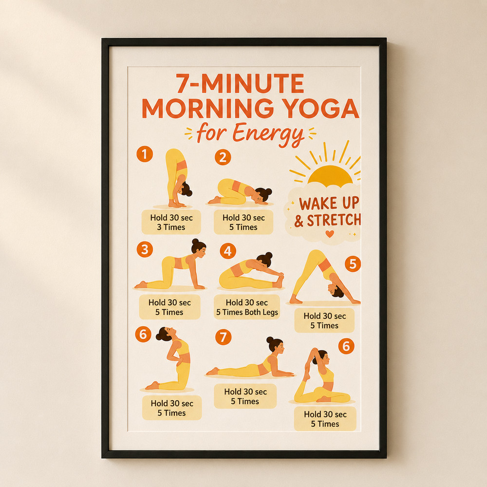7-Minute Morning Yoga Routine Chart Poster, Wellness Wall Decor | Multiple Sizes