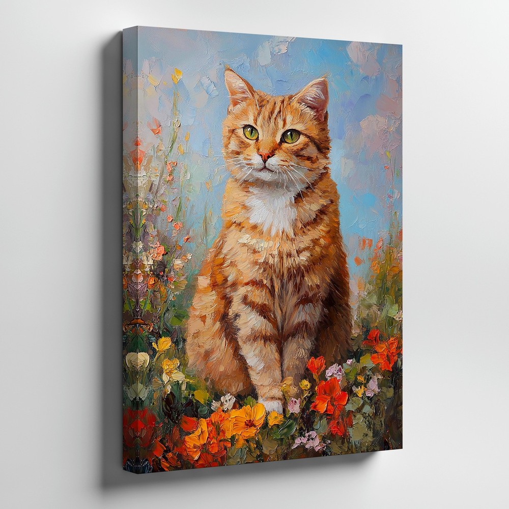 Orange Tabby Cat In Vibrant Flower Garden Canvas Wall Art Print Decor Wall Home